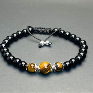 Tiger Eye Onyx Sterling Silver Beaded Bracelet